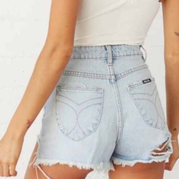 Rolla’s Dusters G’Day Mate High Rise Denim Jean Shorts Distressed Light Wash 26 - Picture 5 of 11